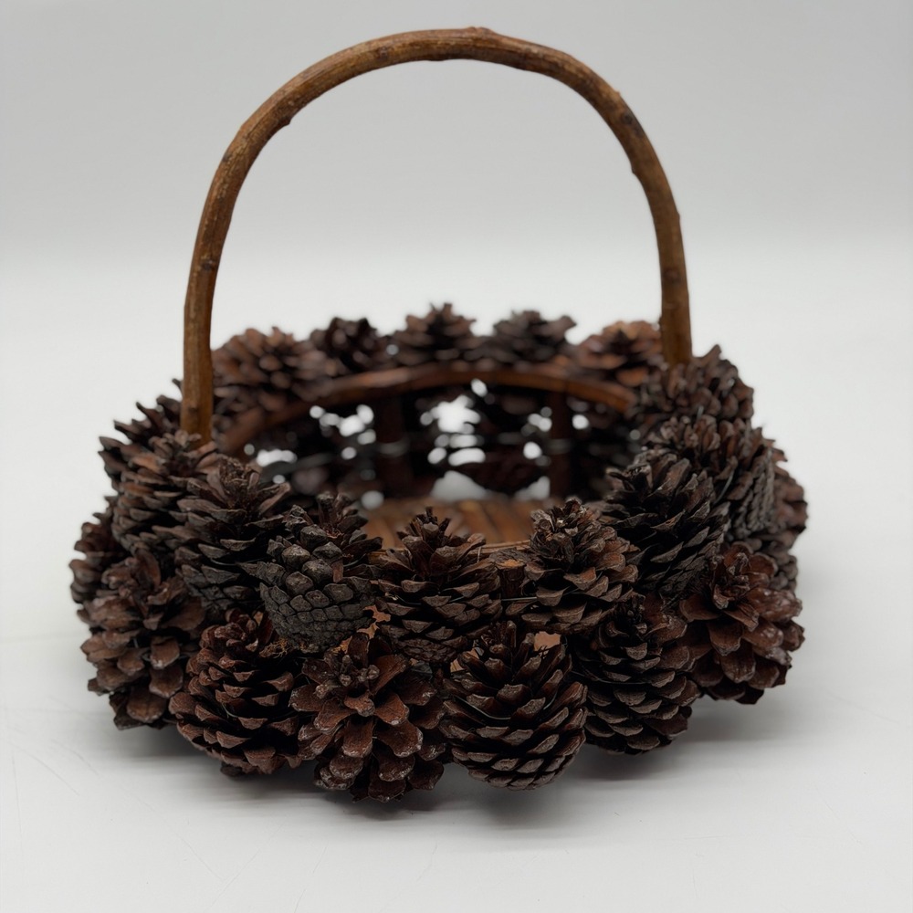 Rustic Pinecone Decorative Basket Round Wood Slat Bottom Nature Inspired Brown